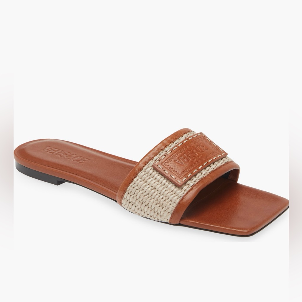 Versace Logo Plaque Slide Sandal Naturale Amber New Nwt Multiple Sizes